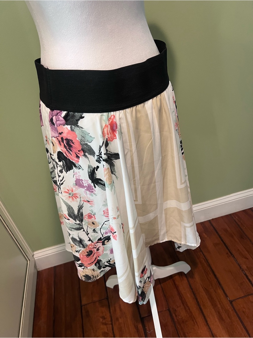 New Floral Panel Midi Skirt with Black Waistband - Pink & Cream